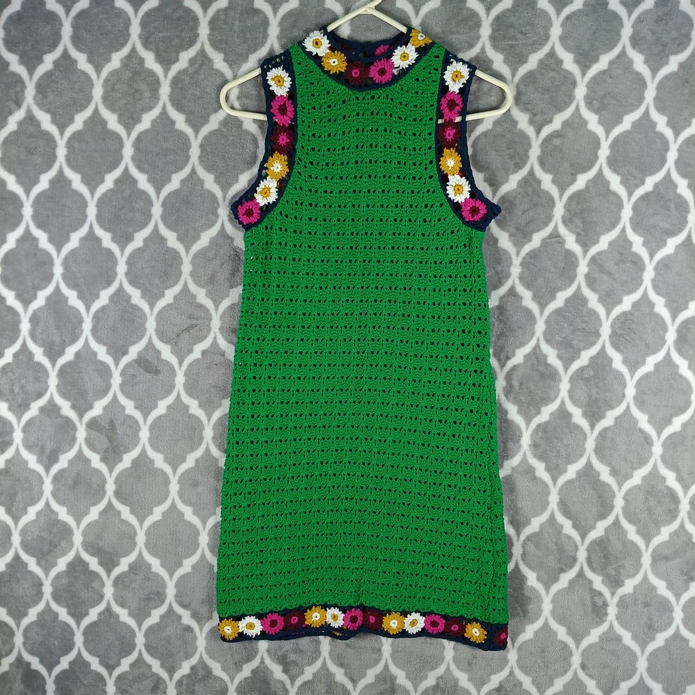 Zara Crochet Dress Size Small Green Floral Knit Sleeveless Mini Boho Mod Retro
